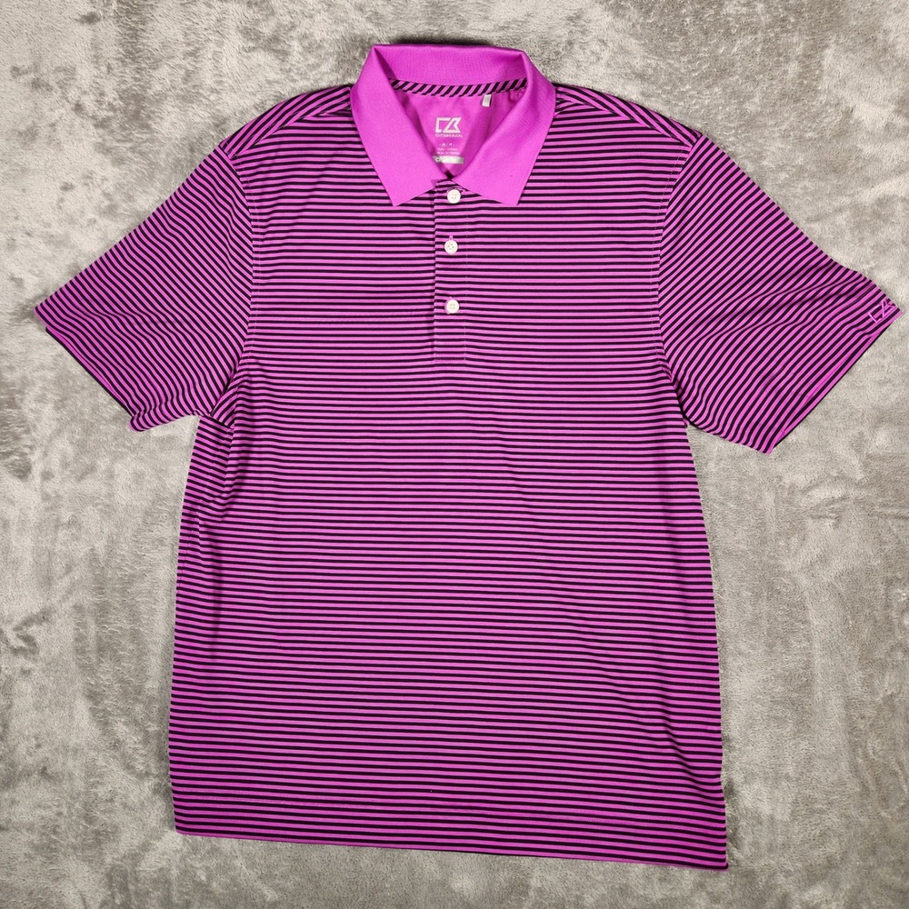 Cutter & Buck Polo Shirt Mens Medium Purple Excellent Striped CB DryTec MCK00332